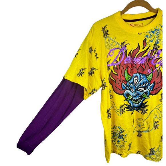 Request T-Shirt Mens XL Vibrant Yellow Crew Layered Long Sleeves Demon Eyes - Picture 3 of 8